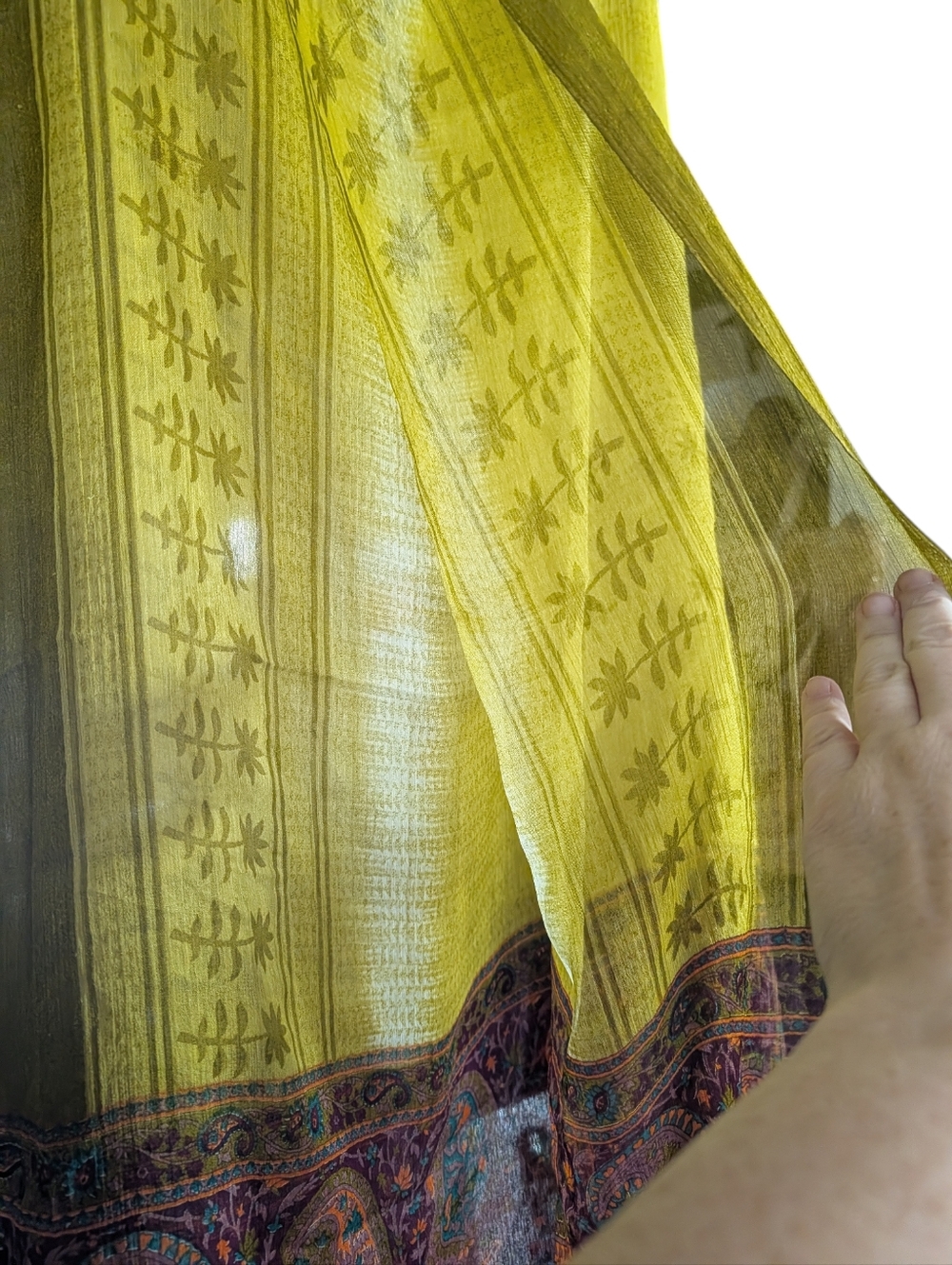 Boho Sheer Scarf Mustard Yellow Paisley Border Lightweight Wrap Shawl Festival - Picture 6 of 8
